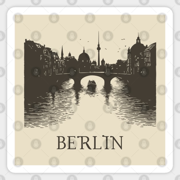 Berlin Vintage Woodcut | Minimalist Spree River & Cityscape Art Sticker by TuncGK